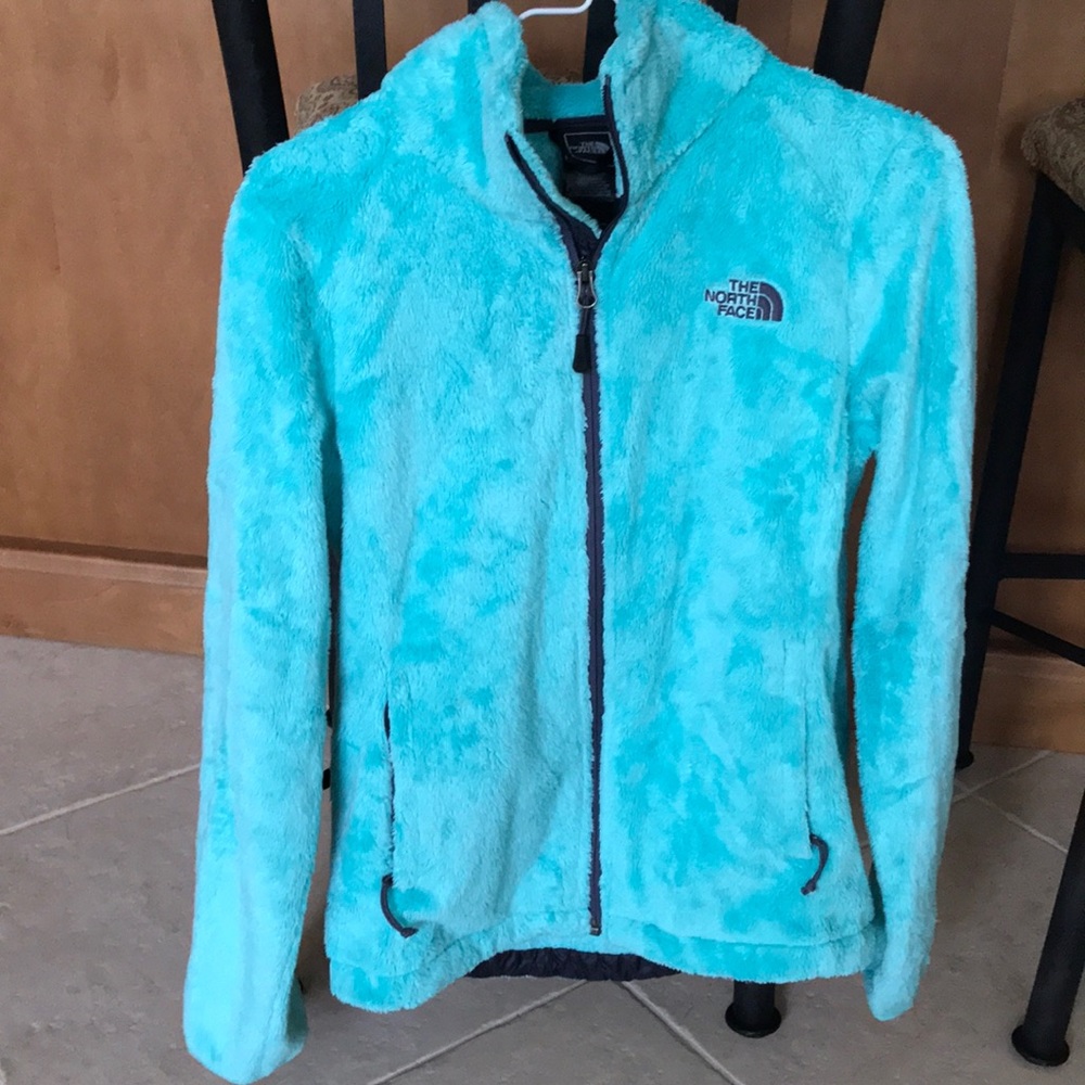 Fuzzy blue/green North Face Zip Up Jacket